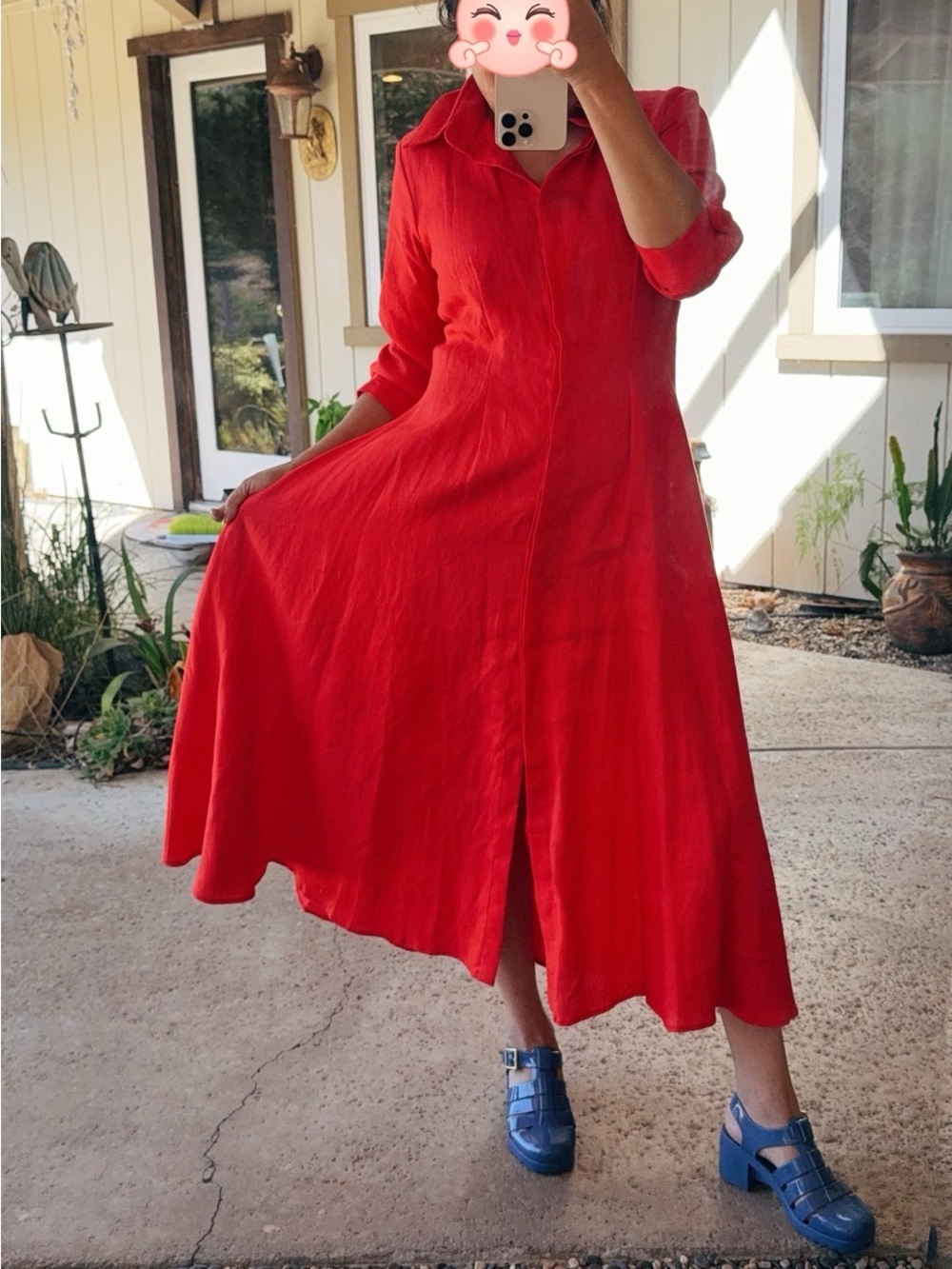 Elegant Red Maxi linen Shirt Dress with Tie Waist - Picture 7 of 8